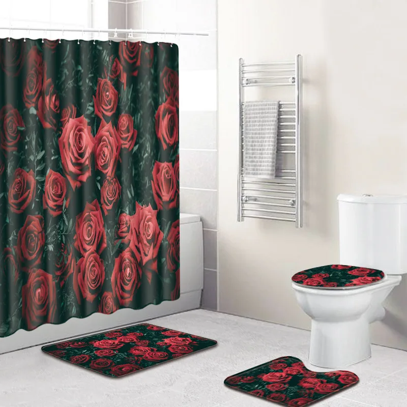 4 Pieces Set Waterproof Shower Curtains with Hooks + Non-Slip Pedestal Rug Lid Toilet Cover Bath Mat | Дом и сад