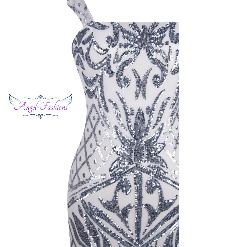 Angel Fashion Винтаж Гэтсби Хлопушка блесток Русалка длинное вечернее платье Серебро