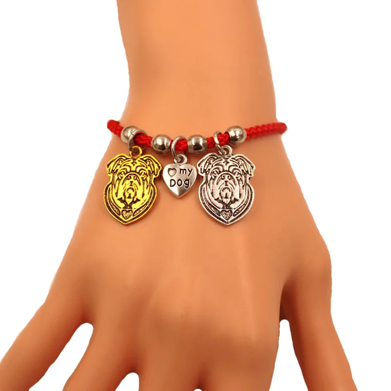 American English French Bulldog Dog Animal Charm Bracelet For Women Men Rope Male Female Pearl Red Heart Black jewelry Gift | Украшения и