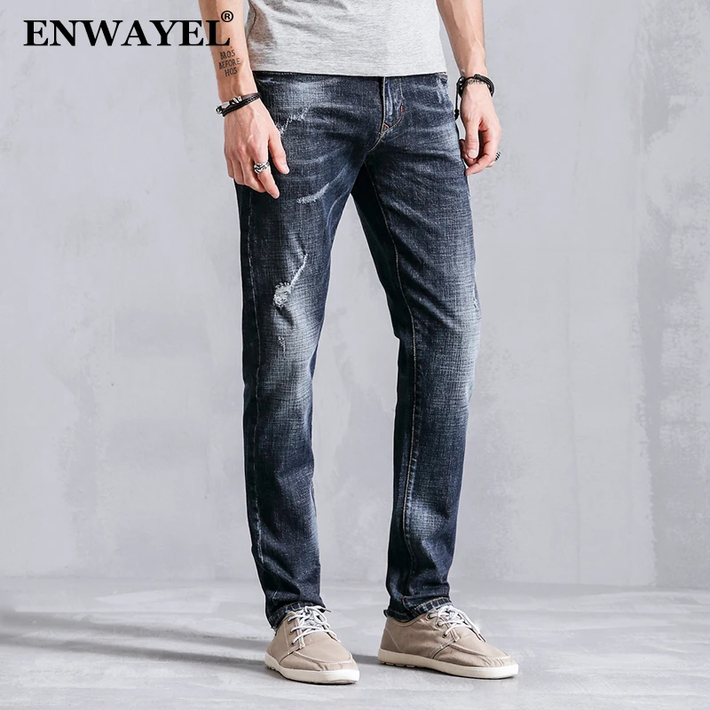 ENWAYEL 99% хлопок Distressed Skinny мужской деним Slim Fit прямые повседневные джинсы Для мужчин