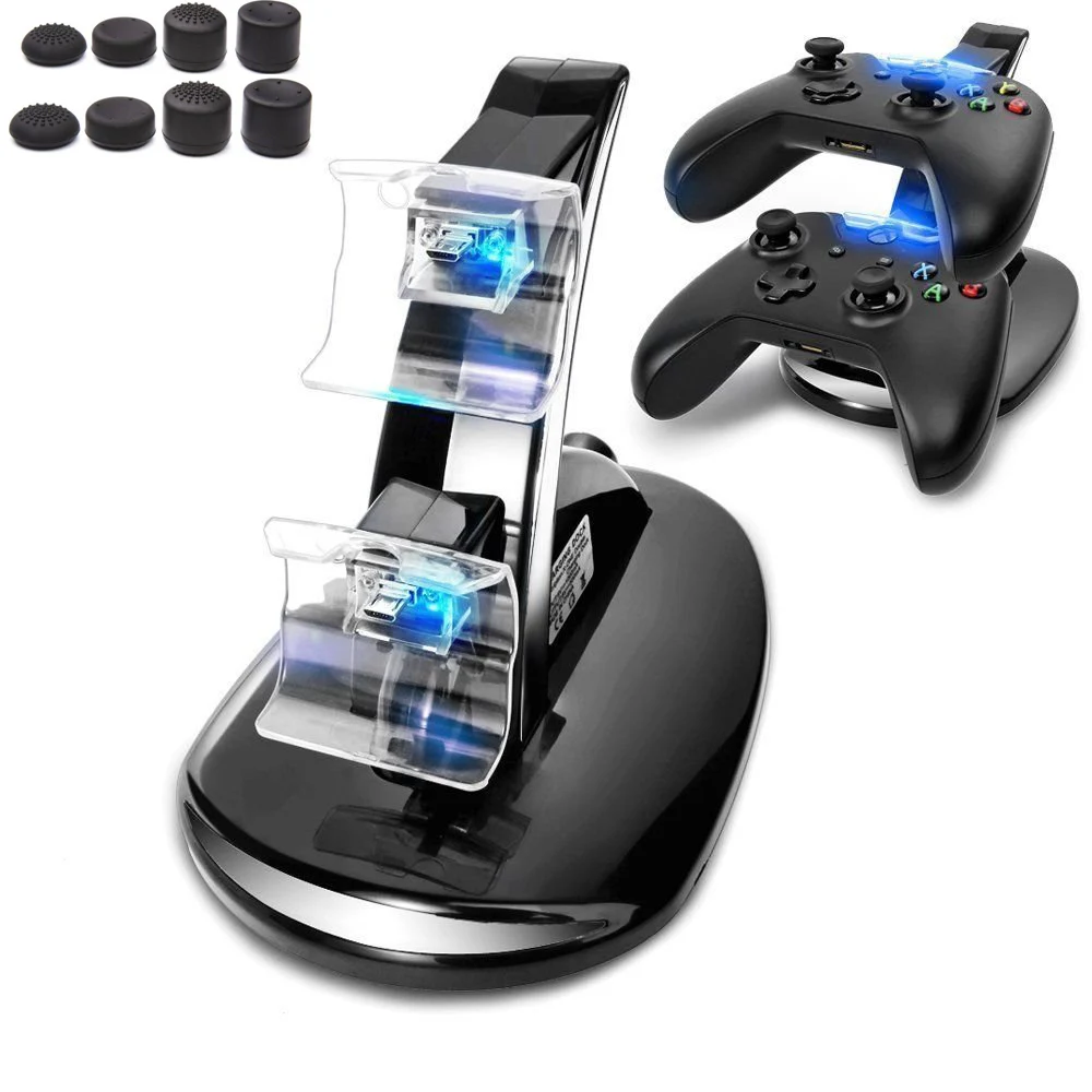 

For Xbox One Controllers 2 USB Ports LED Light Dual Controller Charging Dock Station Charger Stand W/ 8 Caps Game Accessories