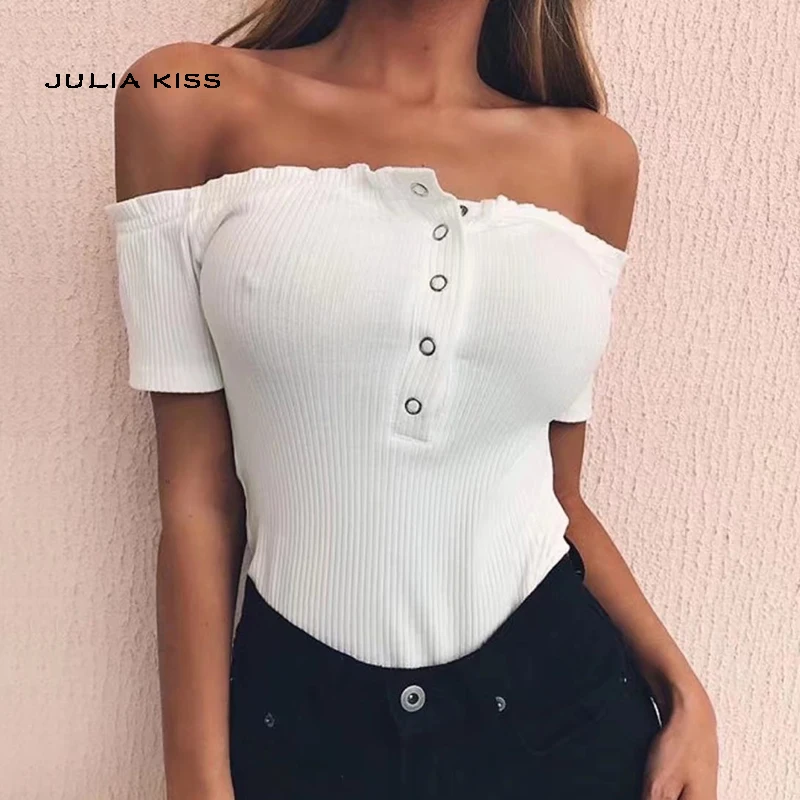

Women Off The Shoulder Button Front Bodysuit with Short Sleeve