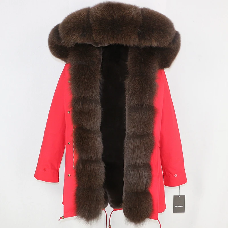red dark brown Зимняя женская куртка на каждый день шуба из натурального Лисьего меха длинная парка с капюшоном из натурального Лисьего меха брендовая парка Толстая теплая уличная одежда со съемным капюшоном - Цвет: red dark brown