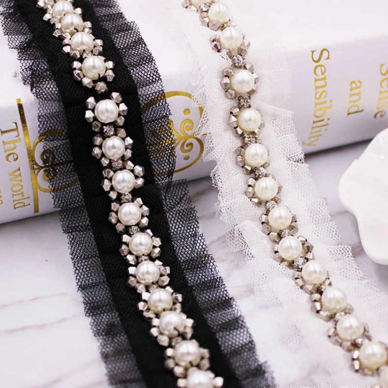 10Yards White Black Fake Pearl Beaded Lace Trim Vintage Ruffled Mesh Fabric Braid Applique |