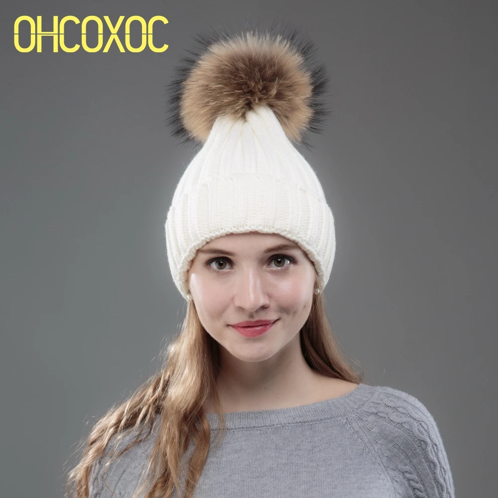 OHCOXOC новые женские шапочки настоящая лиса норка меховые шары помпоны шапка