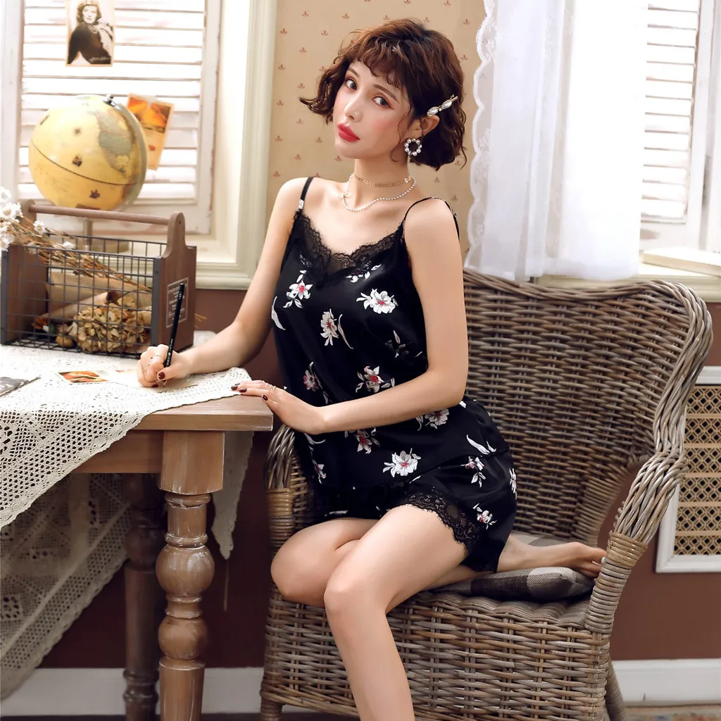 Sexy Sleeveless Nighties Sleepwear Silk Satin Hot Sale Women Lingerie Nightwear Underwear Short Set D300530 | Женская одежда