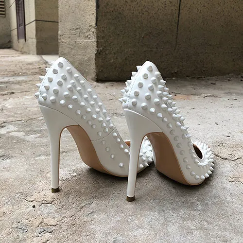 White 12cm Heels Veowalk/женские белые шипами; женская обувь с острым носком пикантная обувь для ночного клуба на высоком каблуке; женская обувь с заклепками на высоком каблуке Дамская туфли-лодочки без шнуровки обувь для ночного клуба 12/10/8 СМ дополнительно - Цвет: White 12cm Heels
