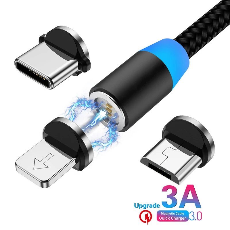 10 шт., 3 А, магнитный usb-кабель для быстрой зарядки, Тип C, микрокабель, светодиодный, с нейлоновой оплеткой, тип-c, магнитный кабель для iPhone, samsung