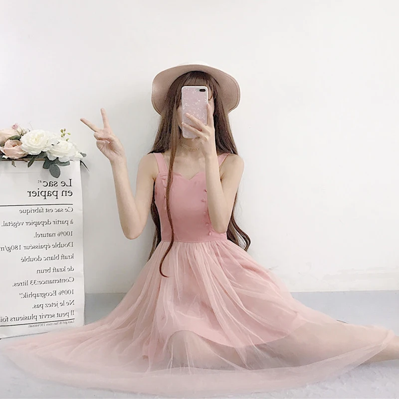 Summer new women's Korean version of the fresh sweet loose mesh stitching high waist was thin Dress | Женская одежда