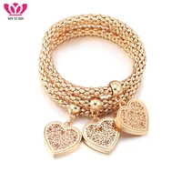 3pcs gold hollow flower heart charms bracelets inside rhinestone elastic popcorn chain fashion bracelet for women jewelry gifts