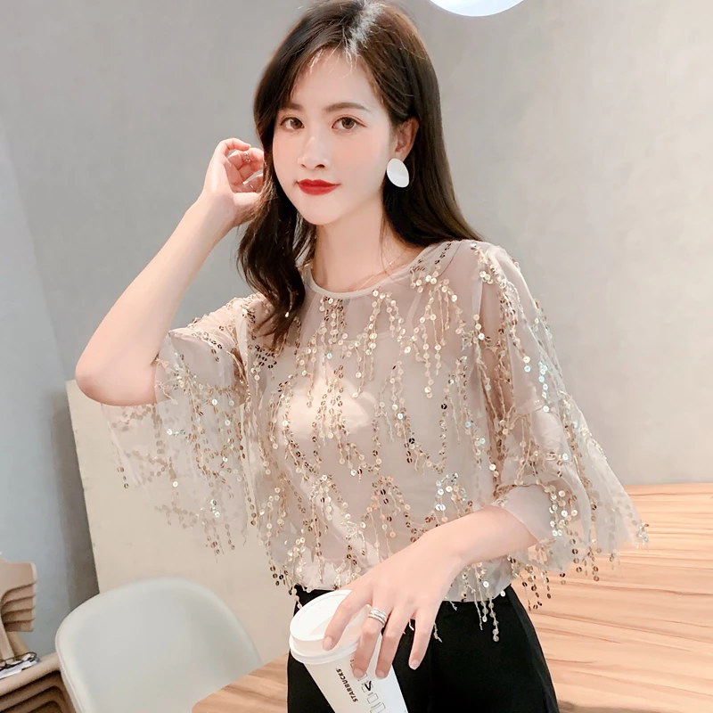 Blusas женская рубашка Сексуальная кружевная с пайетками летнее платье юбкой годе
