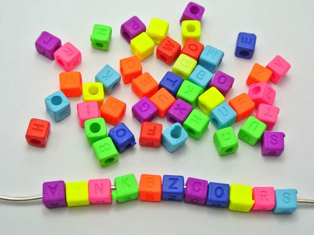 

250 Neon Color Acrylic Assorted Alphabet Letter Cube Pony Beads 6X6mm