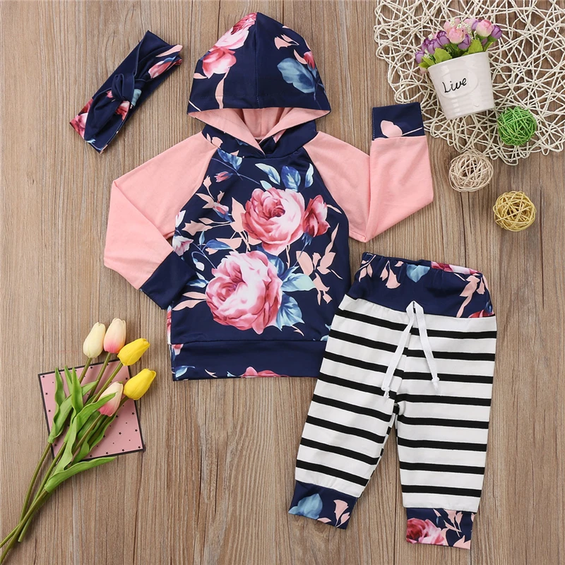 Infant Baby Girls Hooded Top T shirt Sweatshirt Pants Outfits Set Clothes 3PCS 0-2T All Seasons Children Clothing | Детская одежда и