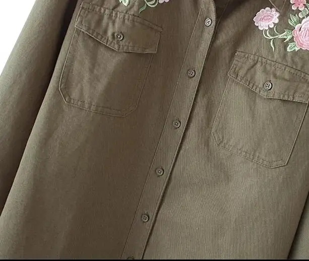 New 2017 Women Fashion Vintage Retro Epaulet flower embroidery patch designs army green Loose Blouse Brand Outwear Shirt Tops |