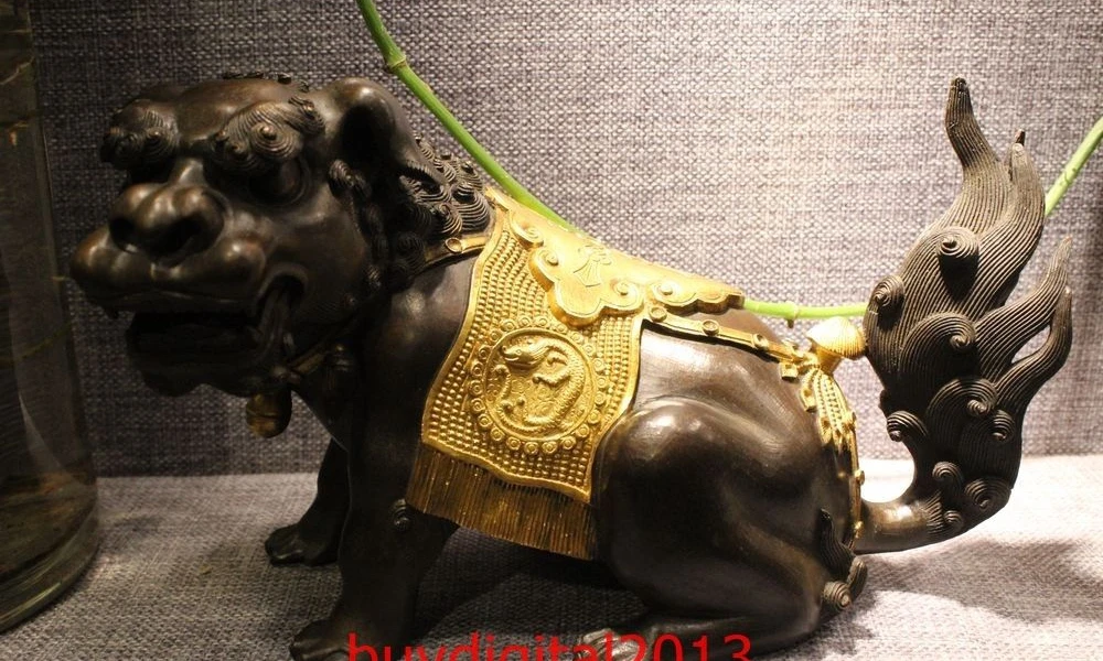Китайская Бронзовая статуя животного 24K Gold Lucky Foo Dogs Dragon Lion Kylin|Статуи и скульптуры|