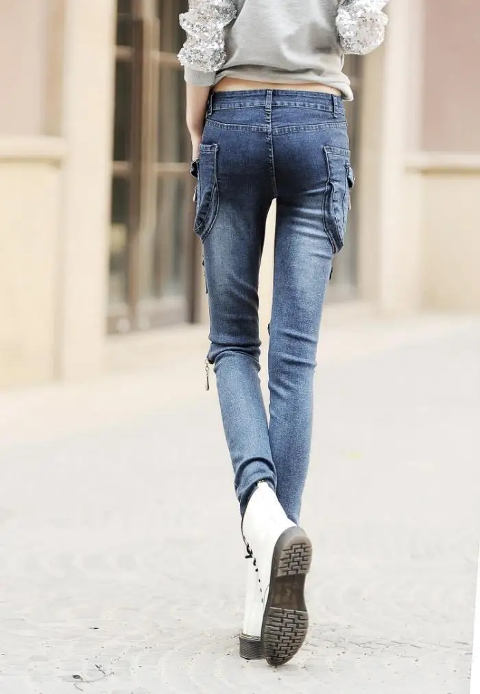 

Cargo Pockets Jeans Womens Slim 2019 Cotton Push Up Harem Denim Pants Women Skinny Leg Zipper Biker Jeans Black Blue Grey