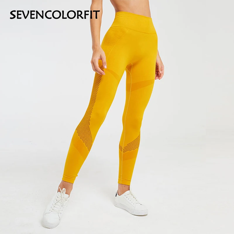 Sevencolorfit женские бесшовные легинсы с высокой талией, желтые, розовые, черные, сетчатые, открытые, сексуальные, для спортзала, спорта, фитнеса, колготки, длинные штаны