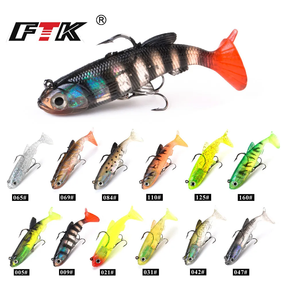 

FTK Fishing Soft Lures 1pcs 6/8/10cm With T Tail Pike Soft Lure Treble Hook Baits Artificial Bait Jig Head Crankbait 3D Eyes