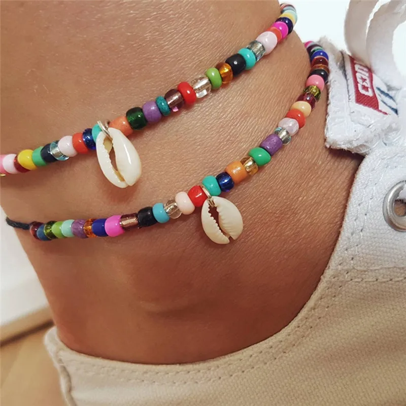 PINKSEE Bohemian Charm Beach Anklet Colorful Mixed Color Bead Nature Shell Foot Chain Ladies Simple Single Layer Jewelry | Украшения и