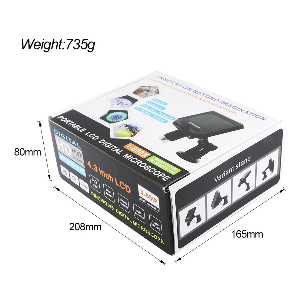 

600X HD 3.6MP 8 LEDs 4.3"Portable LCD Digital Microscope Electronic HD Video Microscopes Endoscope Magnifier Camera Instruments