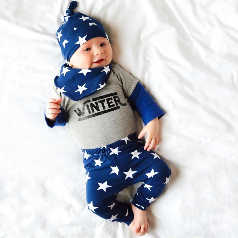 Hot Long Sleeve Baby Boy Clothing suit Children Set Newborn Clothes Cotton Stars Outfit Hat+Bib+T-shirt+Pants DS40 |