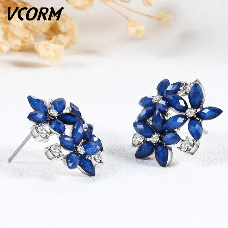 VCORM Fashion Water Crystal Small Stud Earrings for Women Cute Flower Statement Zirconia Earring Accessories Jewelry | Украшения и
