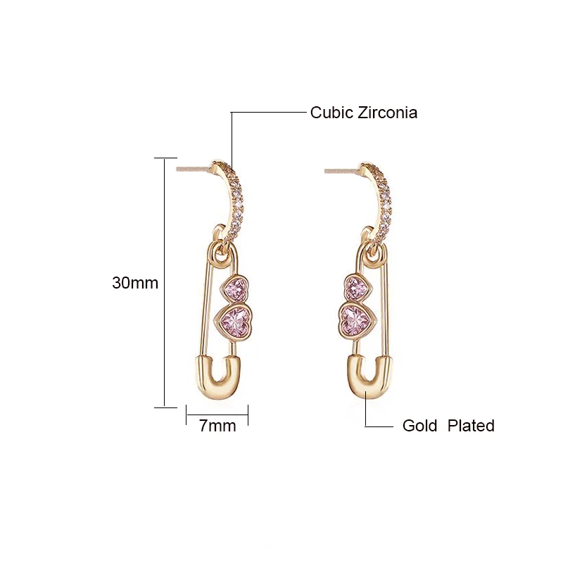 Многоцветный CZ безопасная булавка серьги Paperclip дизайн позолоченная розовая кристаллическая серьга для женщин леди вечерние ювелирные изделия подарок