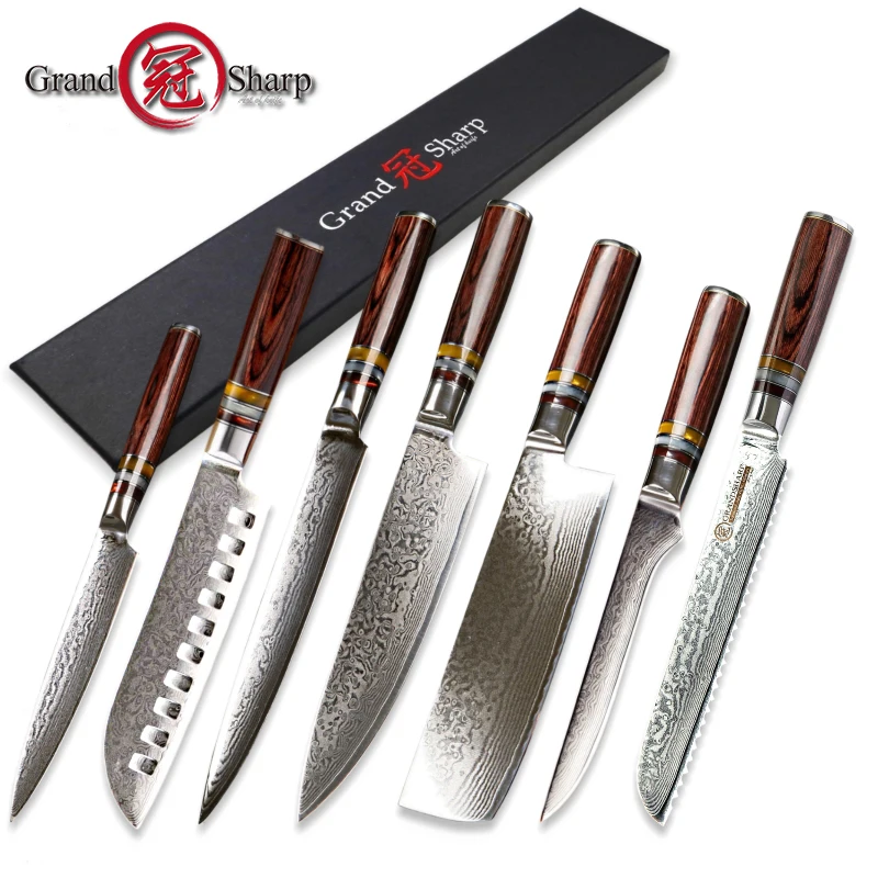 Grandsharp 7 шт. набор кухонных ножей vg10 японский Дамасская сталь шеф-повара сантоку утилита Nakiri обвалки нарезки хлеба Ножи столовые приборы
