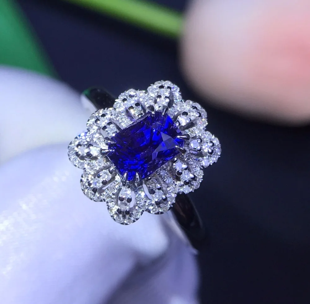 Ювелирные изделия Настоящее 18K Белое Золото 100% натуральный 1.04ct синий сапфир