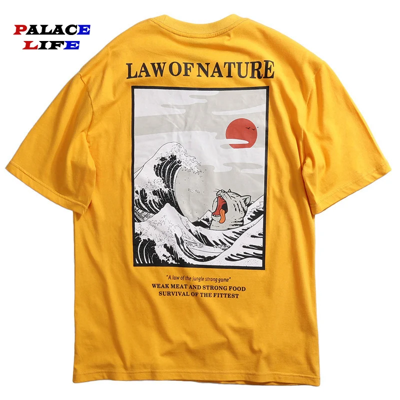 

Мужская хлопковая футболка, с принтом в виде волн и кота, с коротким рукавом, в стиле хип-хоп