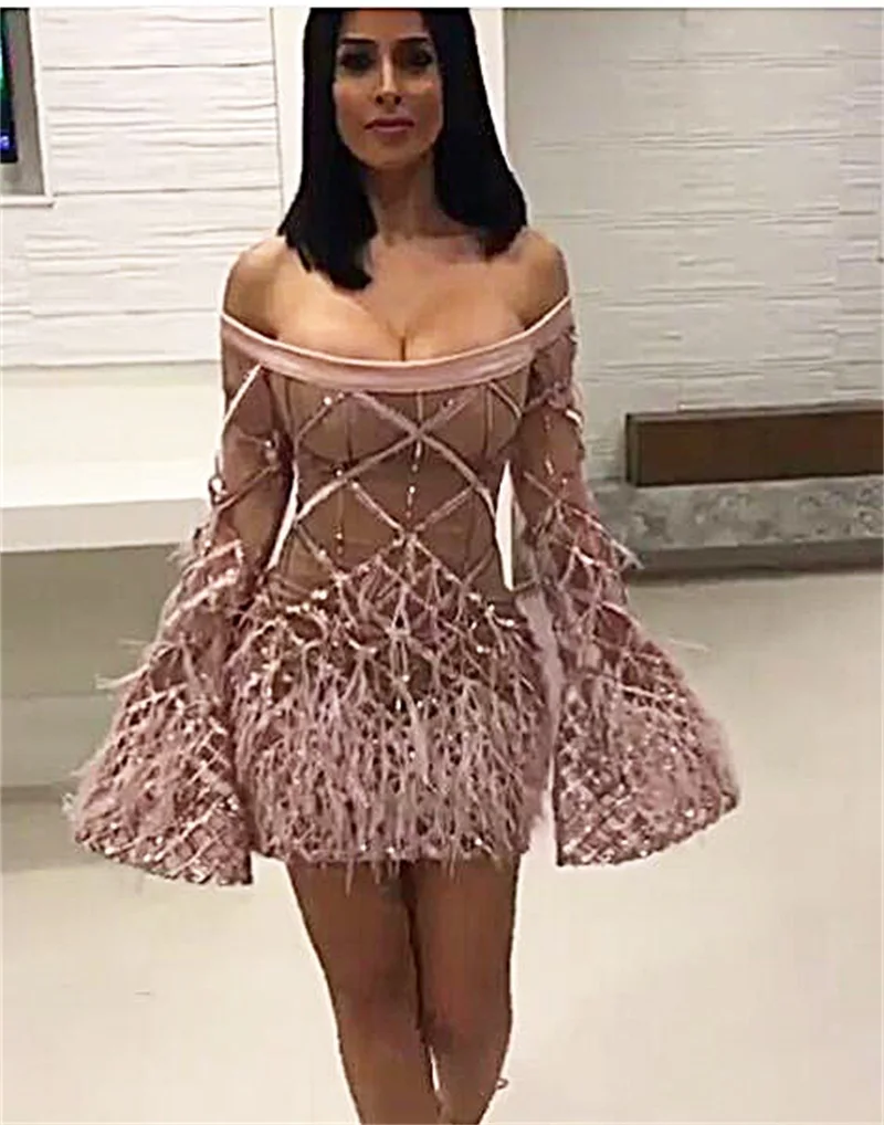 DRESSMECB, летнее, с открытыми плечами, сексуальное, с перьями, мини, платья для вечеринок, для женщин, с вырезом лодочкой, элегантное, облегающее, женское платье, Vestidos