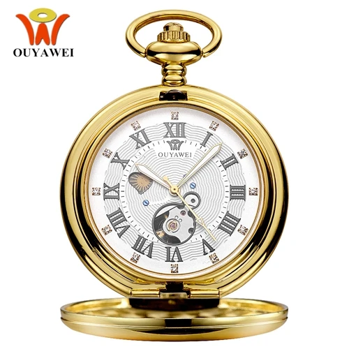 Gold White Новинка OYW Механические мужские карманные часы в стиле стимпанк с ручным подзаводом и синим каркасом, стальное ожерелье с подвеской, модные часы с цепочкой - Цвет: Gold White
