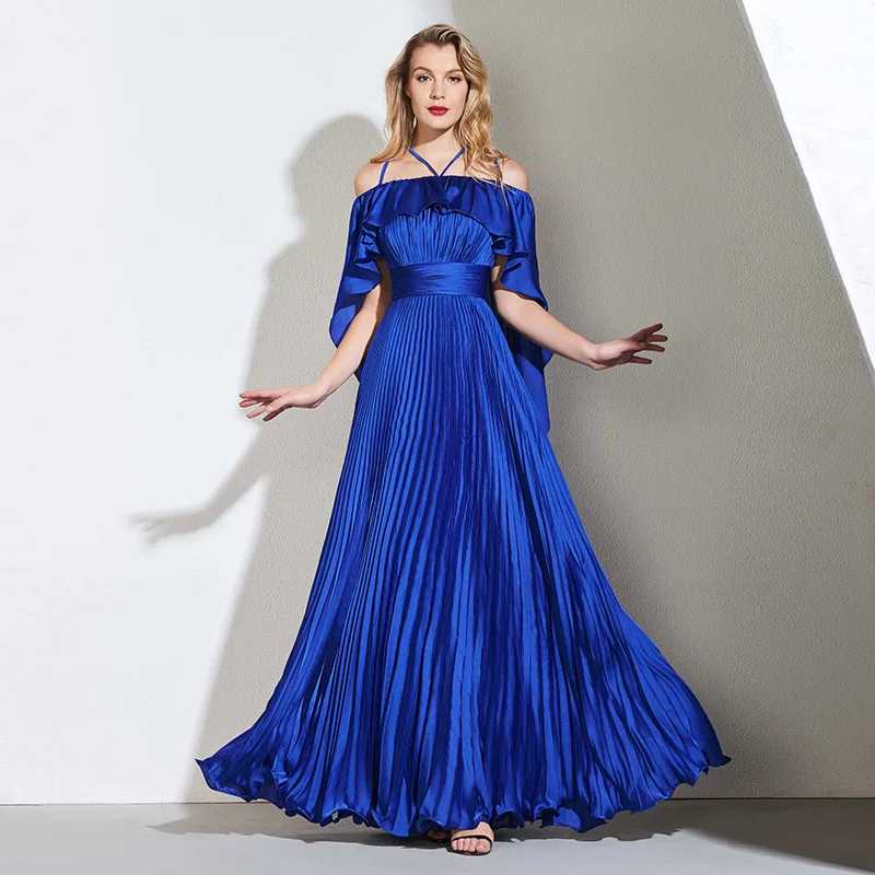 

Tanpell pleats prom dresses dark royal blue short sleeves floor length a line gown women celebrity custom long formal prom dress