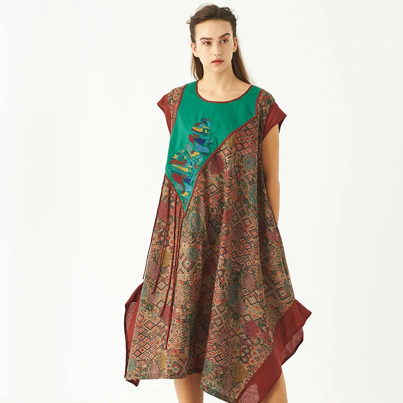 Green Floral Jiqiuguer, женское летнее зеленое Повседневное платье с круглым вырезом, с кисточками, с вышивкой, с карманами, в стиле пэчворк, с принтом, до середины икры, Vestidos G182Y038 - Цвет: Green Floral