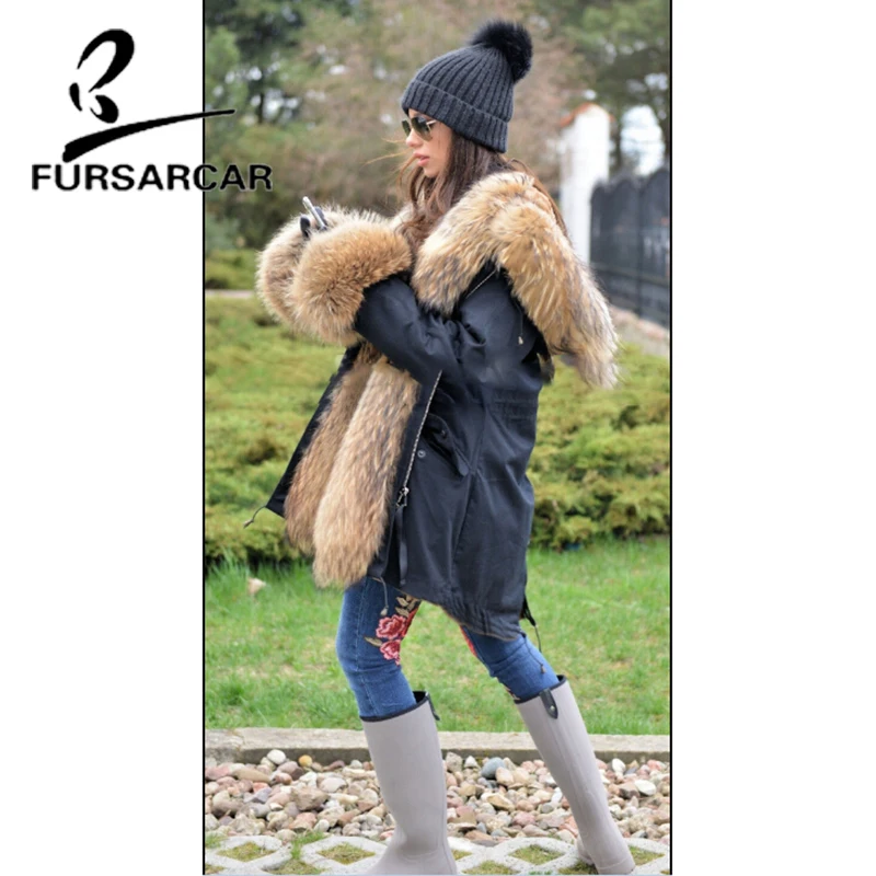 FURSARCAR Luxury New Style Real Fur Coat Women Winter High Street Thick Warm Fur Black Parka With Raccoon Fur Trim Hood  Coats enlarge