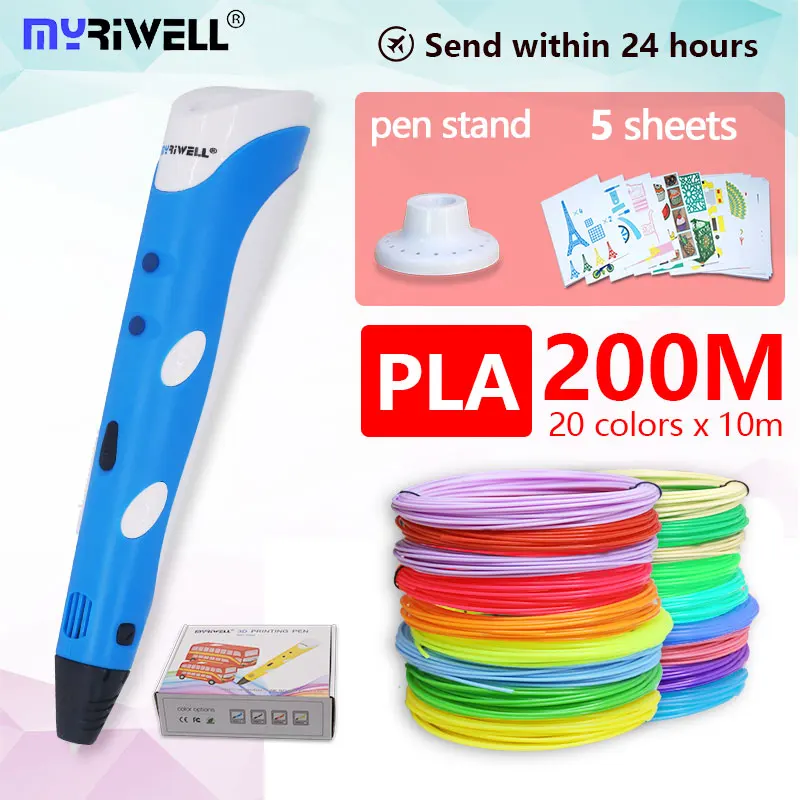 blue PLA 20color Myriwell 3d Ручка 3d+ 100 м pla нити 3d печатных ручка 3 d Ручка 3d ручки для детей искусство рисования инструменты лучший подарок для детей - Цвет: blue PLA 20color