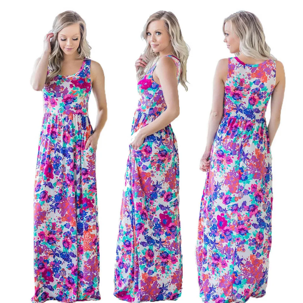 Для женщин Повседневное рукавами с круглым вырезом и принтом Макси Танк Длинные