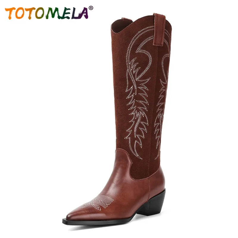 TOTOMELA/2020 г. новые стильные женские сапоги до колена из натуральной кожи с острым