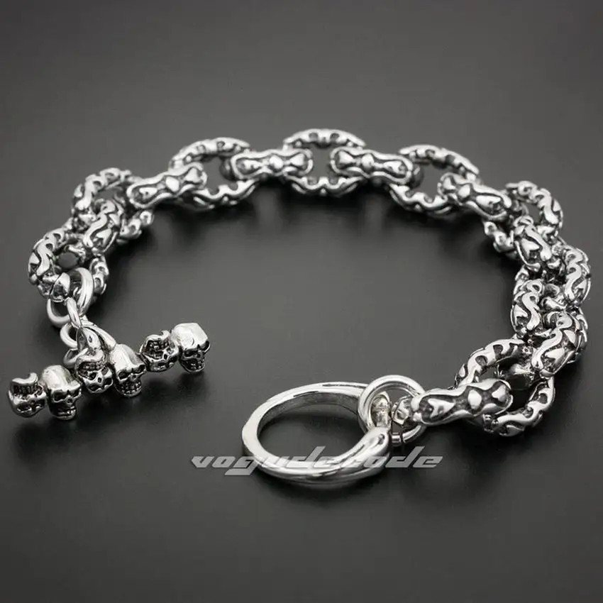 

LINSION 316L Stainless Steel Double Heart Mens Bracelet Biker Link Chain 5S003 Free Shipping
