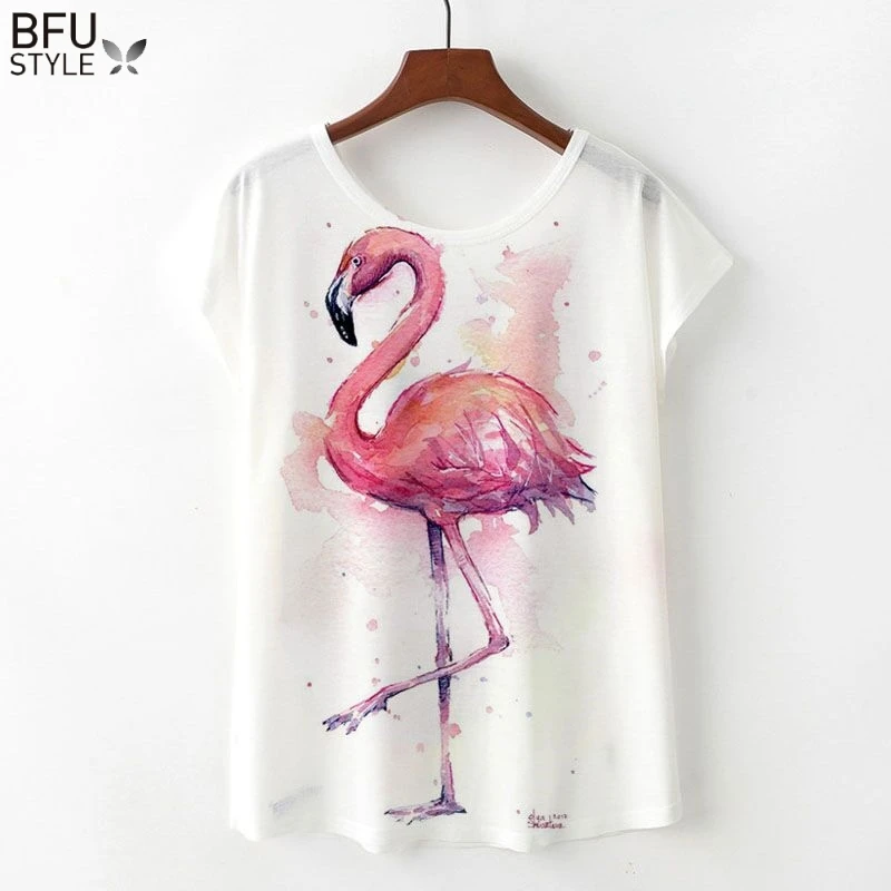 Фото Женская летняя футболка с коротким рукавом и фламинго|Футболки| |