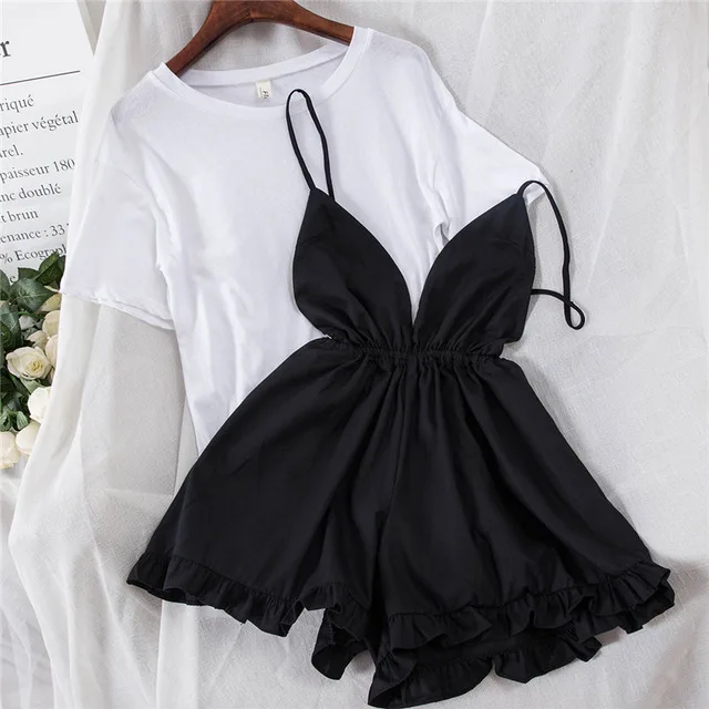 Black Новая модная Женский комплект 2 шт. футболка+ свободные шорты на лямках, костюм, женская одежда, летние женские комплекты одежды синего и винно-красного цвета - Цвет: Black