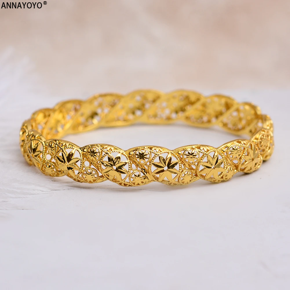 

ANNAYOYO 1Pieces/Lot, Ethiopian Gold Color Wedding Bangle for Women Dubai Bride Bracelet African Jewelry Middle East Items 70MM