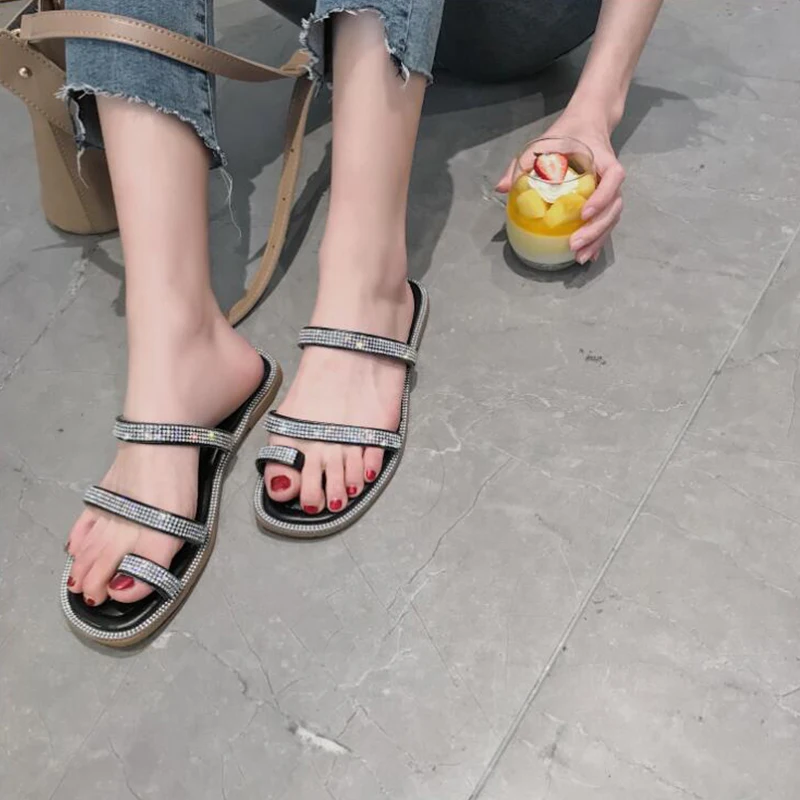 Сандалии женские с кристаллами пляжная обувь шлепанцы для улицы и дома