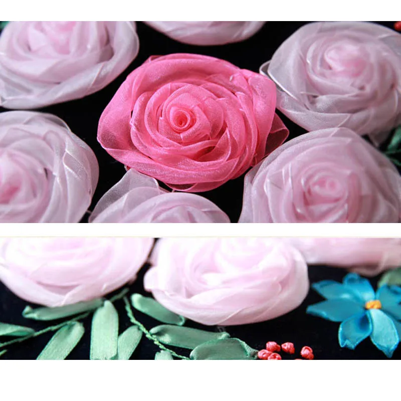 Черная наволочка с вышитыми цветами из ленты наборы цветочной вышивки крестиком