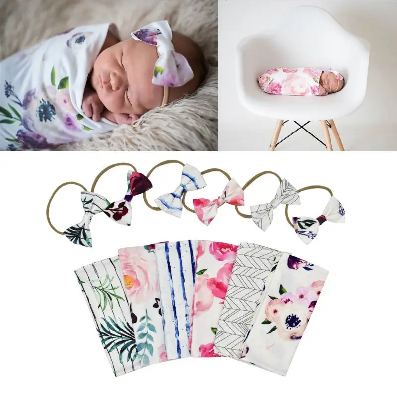

Newborn Photography Prop Baby Blankets Printed Newborn Infant Baby Boys Girls Sleeping Swaddle Muslin Wrap +Headband 2PCS