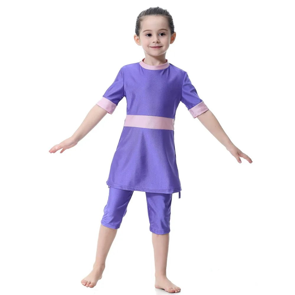 purple Мусульманский купальник, 3 предмета, раздельная юбка для девочек, одежда для плавания, детская одежда для плавания, шорты, костюмы для дайвинга, пляжная одежда для купания в арабском стиле - Цвет: purple