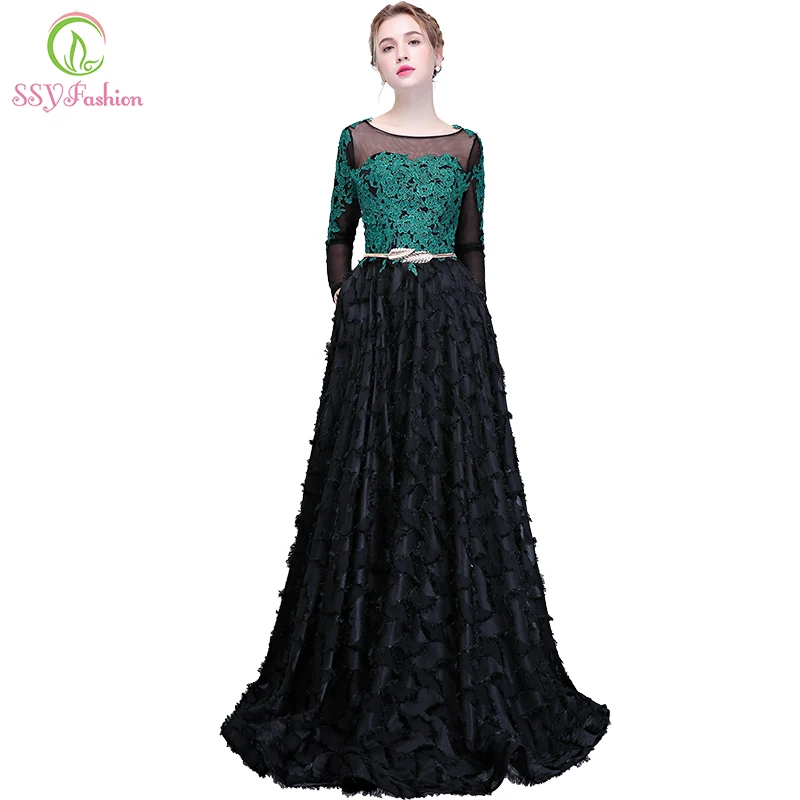 

SSYFashion New Lace Prom Dress Long Sleeved Appliques Floor-length Black Elegant Evening Party Formal Gown Robe De Soiree