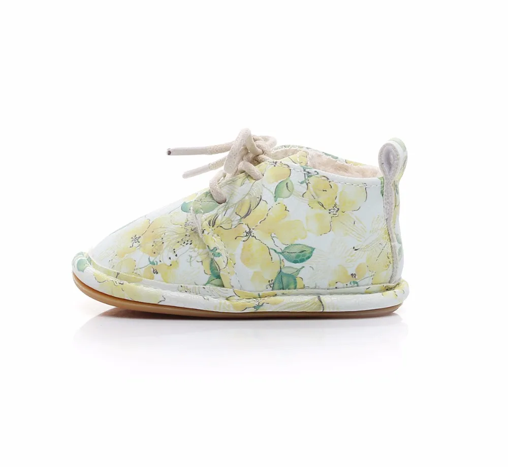VIP Dropshiping lace up floral printing baby moccasins super warm PU leather fur winter baby shoes toddler girls boys snow boots