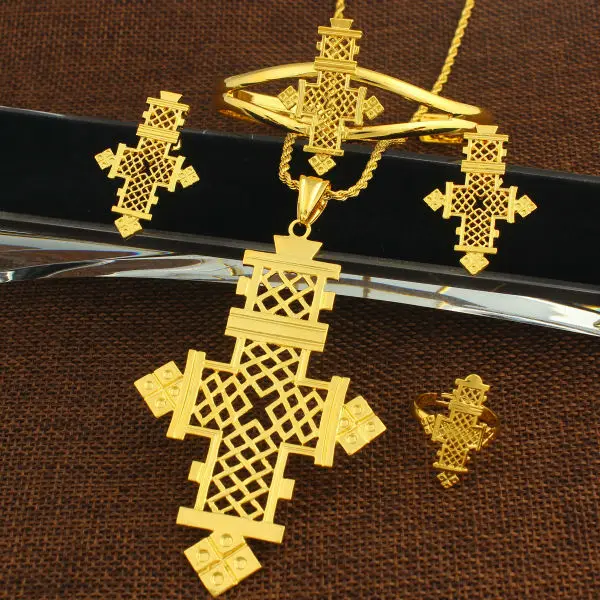 Adixyn большой размер Эфиопский крест набор ювелирных изделий 24-каратное Золото