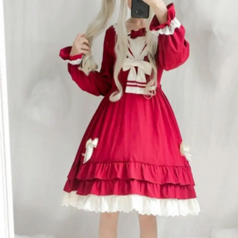 

Women Lolita Dress Navy Sailor College Dress Full Sleeve Patel Sleeve Lolita High Waist Winter Red &Navy Blue Dress For Ladies